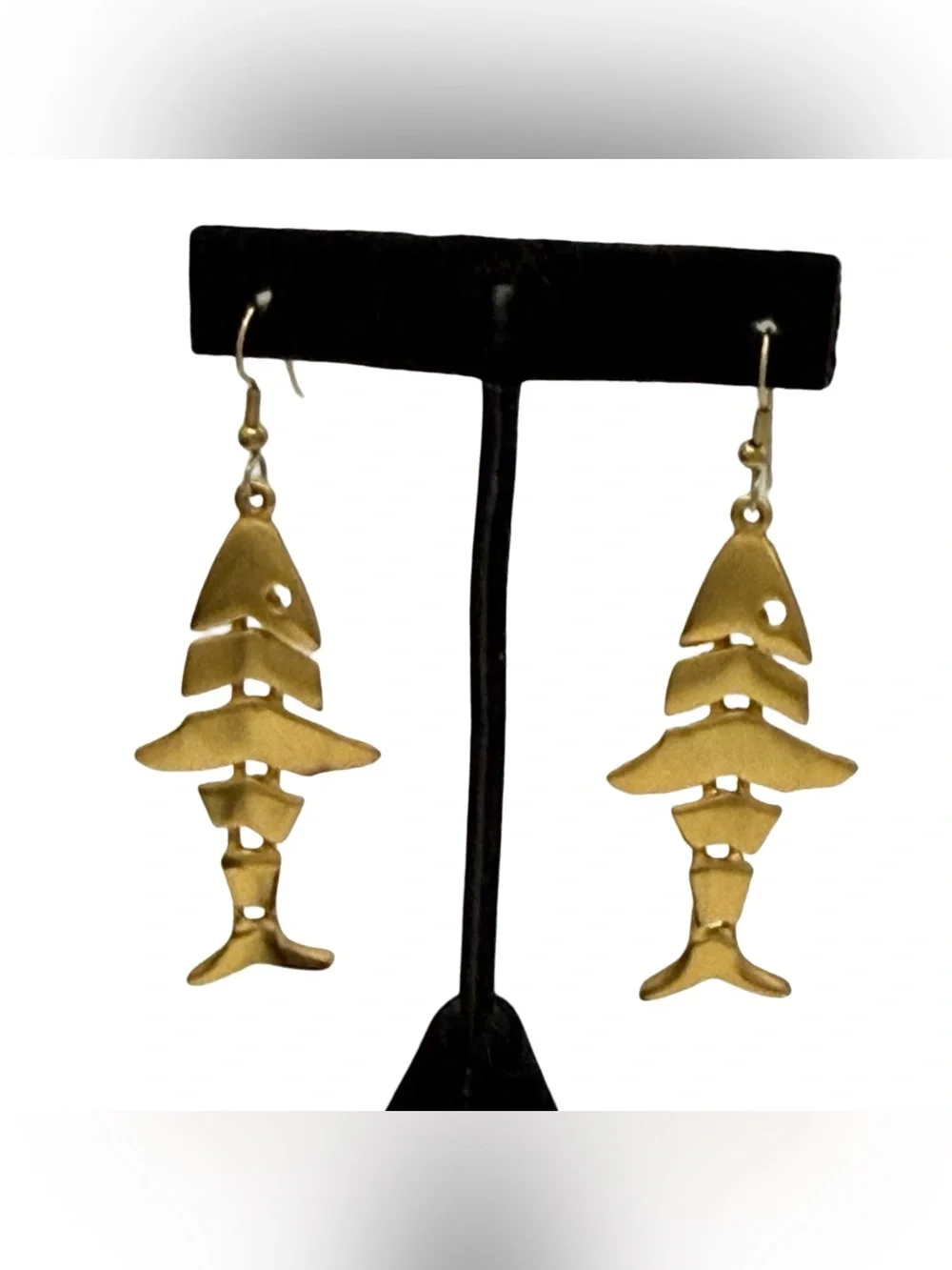 Vintage Anne Klein Articulated Fish Bone Matte Gold Earrings
